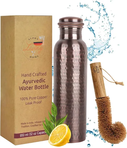 Vista 16 de Alpha Living Home Pure Copper Water Bottle Set of 3 - Handcrafted Drinking Bottles with Hammered, Diamond & Honeycomb Design - Leak Proof Wide Mouth