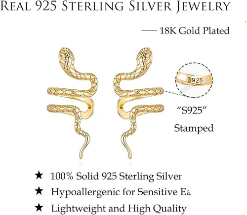 Vista 6 de Reffeer Aretes de plata de ley 925 con diseño de serpiente sin piercings para mujeres y niñas