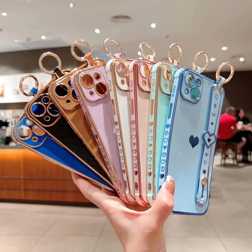 Vista 5 de Lindo corazón de amor para niñas mujeres lujo chapado borde parachoques suave TPU a prueba de golpes caso con soporte de pulsera para iPhone Negro