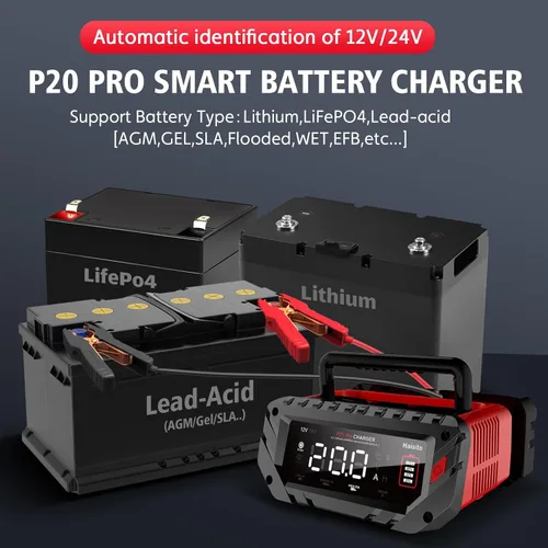 Vista 3 de Cargador de Batería de Litio de 20 Amperios, 12V y 24V Lifepo4, Portátil para Coche, Mantenedor de Batería, Cargador de Goteo y Desulfatador