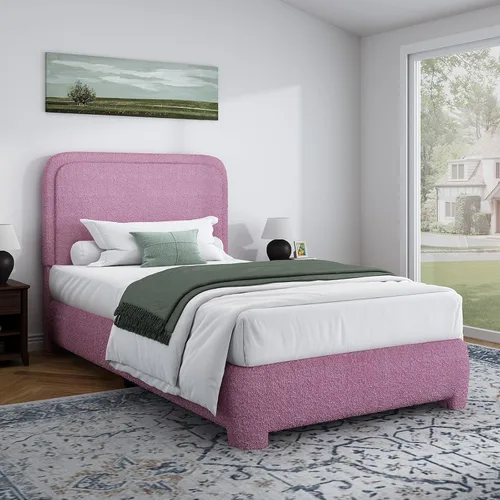 Vista 11 de BarnFurin Base de cama individual con cabecero, cama de plataforma tapizada Cloud Boucle, esquinas redondeadas suaves, no necesita somier, Beige