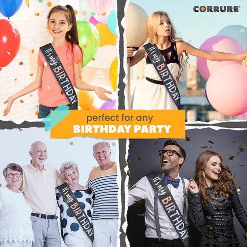 Vista 2 de CORRURE Banda con purpurina «It's My Birthday» con lámina multicolor – Banda de feliz cumpleaños con purpurina negra para mujeres – Suministros