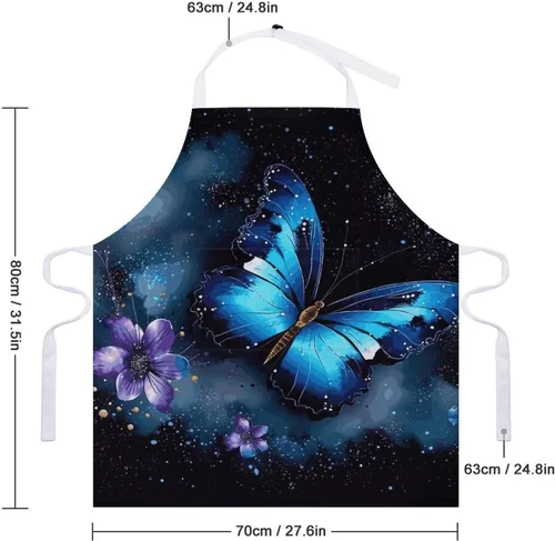 Vista 2 de Personalized Galaxy Blue Butterfly Adult Apron, Kitchen Cooking Aprons for Woman Man, Adjustable Bib Apron with Pocket for Baking, BBQ Crafting
