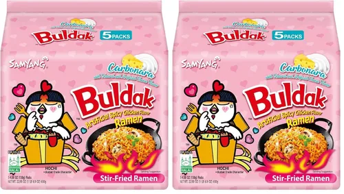 Vista 2 de Samyang Buldak Ramen picante, ramen de pollo caliente, fideos instantáneos salteados coreanos, carbonara, 1 bolsa con 5
