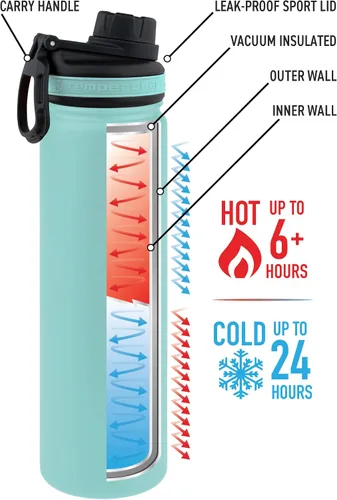 Vista 2 de Tempercraft Botella deportiva aislada al vacío de 22 onzas, opciones personalizadas grabadas con láser, acero inoxidable, doble pared, boca ancha