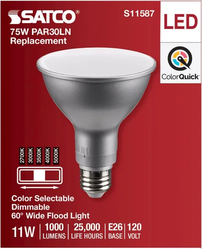 Vista 4 de Satco S11587 (12 unidades) 11 vatios PAR30LN bombillas LED reflectoras E26 base media CCT Select 2700K-5000K 1000 lúmenes 120 voltios 60 haz