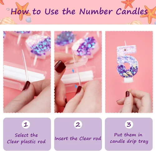 Vista 5 de 6 velas de cumpleaños de 2.5 pulgadas con temática de sirena para decoración de pastel de cumpleaños, 1 número 5, 3 colas de sirena, 2 conchas