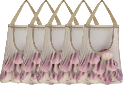 Vista 8 de Bolsas de malla colgantes: bolsas grandes para frutas, verduras, ajo, cebollas o basura