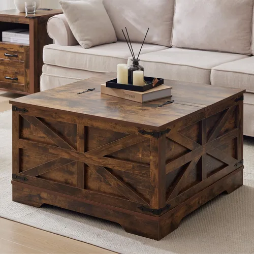 Vista 29 de Mesa de centro negra con almacenamiento, mesa de cóctel con parte superior elevadora con bisagras, mesa central cuadrada de madera con gran