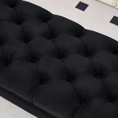 Vista 6 de 24KF Banco de entrada tapizado con botones capitoné de terciopelo con pata de madera maciza, banco de cama otomano con asiento acolchado, 5061N-Negro