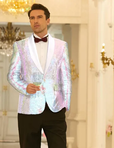 Vista 2 de COOFANDY Chaqueta de esmoquin con lentejuelas brillante para hombre Blazer de un botón para fiesta, cena, graduación, traje de gala