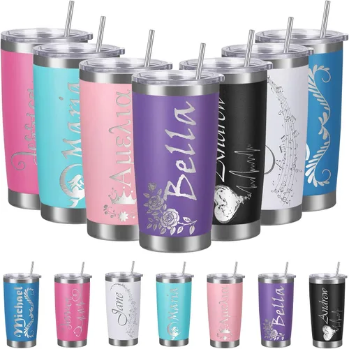 Vista 10 de Vasos personalizados con tapa y pajita, vaso aislado personalizado grabado con nombre, vaso de café de acero inoxidable, regalos para hombres y Negro