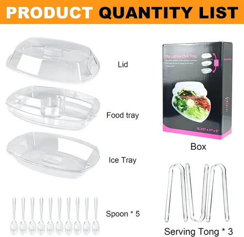 Vista 2 de Bandeja de servir enfriada con hielo extragrande con tapa, plato de frutas transparente con 4 compartimentos, plato de cóctel de camarones, cuenco