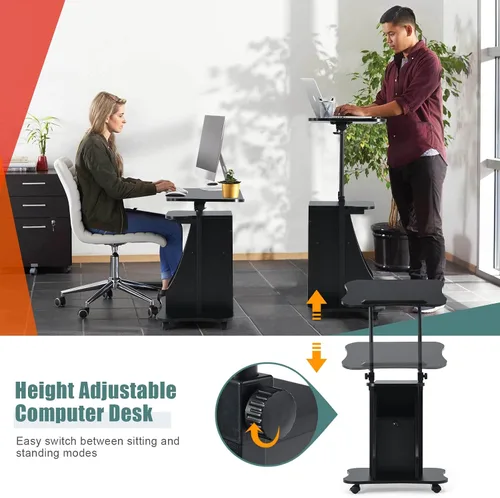Vista 4 de Podio portátil para laptop, soporte de podio portátil de altura ajustable, escritorio de atril rodante con almacenamiento, parte superior inclinable