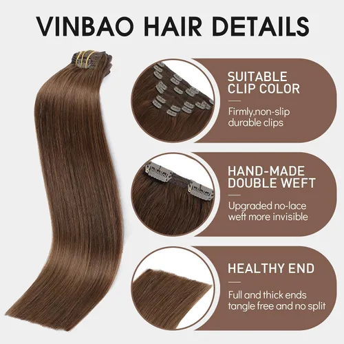 Vista 13 de VINBAO Extensiones de cabello humano con clip, balayage, color marrón ceniza a rubio caramelo, 14 pulgadas, 6 unidades, 3.53 onzas, 6