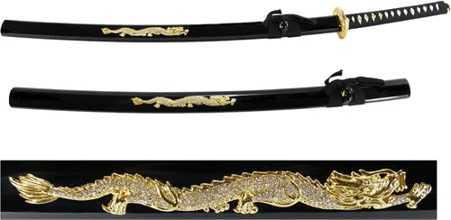 Vista 2 de Makoto Espada samurái afilada forjada a mano - Dragón dorado de cristal en Saya