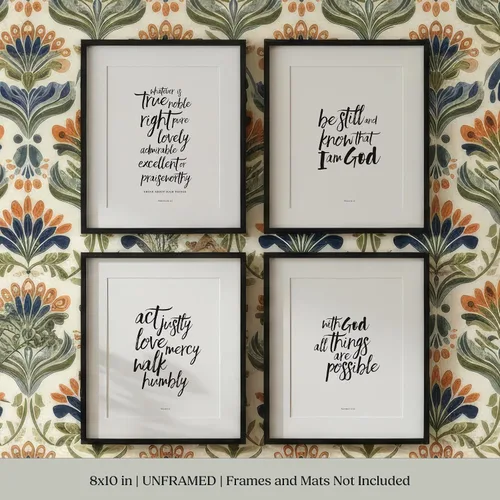 Vista 5 de Scripture - Arte de pared – Pinceles de caligrafía con versículos bíblicos, juego de 4 – Decoración cristiana para el hogar para sala de estar