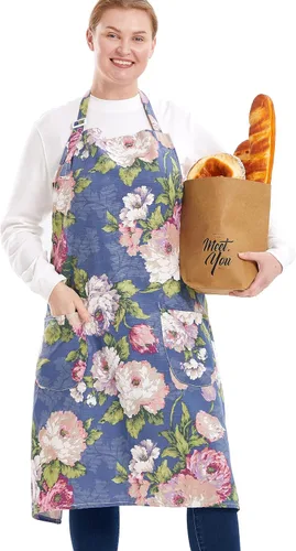 Vista 17 de Delantales de algodón y lino para hornear, talla grande, para mujer, con bolsillos, cocina
