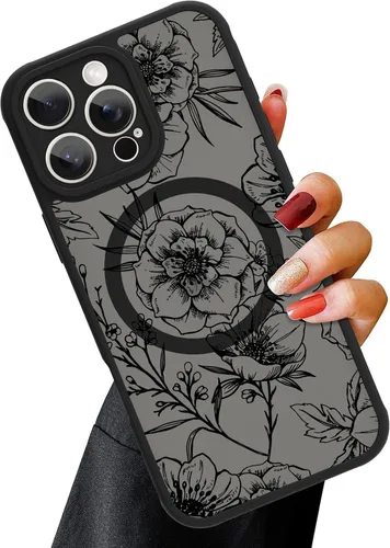 Vista 44 de OOK Funda magnética para iPhone 13 Pro Max [compatible con MagSafe] Funda delgada translúcida mate con flor silvestre negra, protección para lente