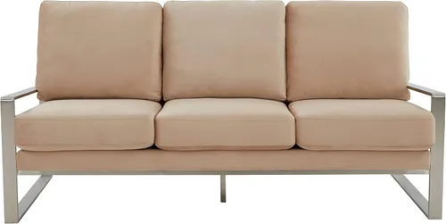 Vista 4 de LeisureMod Jefferson - Sofá moderno de terciopelo de 3 plazas con marco plateado, contemporáneo, para sala de estar, color beige