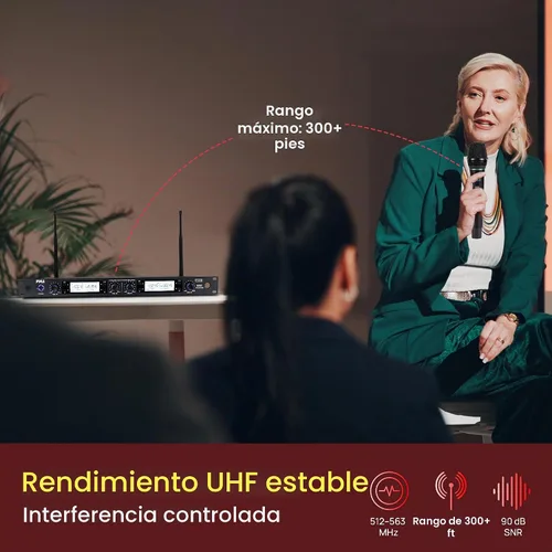 Vista 2 de Pyle Sistema de micrófono inalámbrico UHF de 4 canales con 2 micrófonos de mano, 2 Lavalier 2 auriculares y transmisores de cinturón, rango de 300