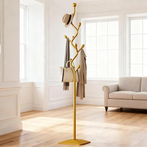 Vista 10 de Perchero con forma de árbol, árbol de abrigos independiente con 8 ganchos y base de metal resistente para abrigos, sombreros y bolsos, soporte