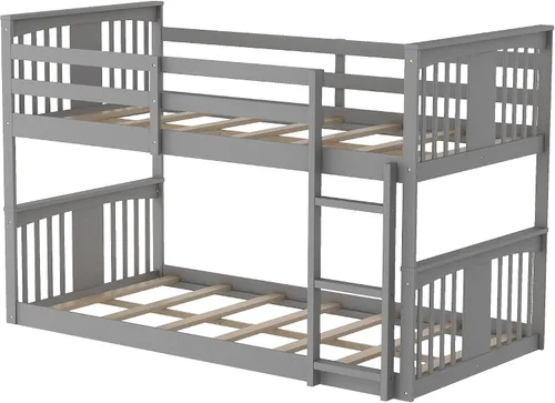 Vista 7 de Litera de suelo individual sobre individual, litera baja de madera con escalera, para niños y niñas (gris)
