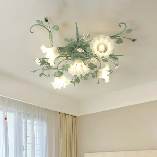 Vista 8 de LITFAD Lámpara de techo moderna con forma de flor, luz de techo empotrada con pantalla de vidrio blanco, casa de campo botánica cerca de techo