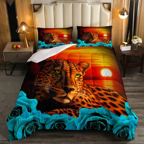 Vista 41 de Erosebridal Juego de ropa de cama de guepardo con rosa azul, juego de edredón con estampado de leopardo y gato, edredón romántico de plumón