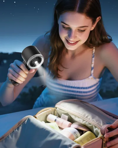 Vista 8 de SWEETFULL Ventilador de mano portátil recargable – Miniventilador turbo potente de alta velocidad de 6 velocidades con linterna, pantalla digital