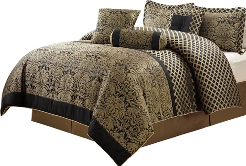 Vista 9 de Chezmoi Collection Juego de edredón Jacquard Floral de 7 piezas, color negro y dorado, con medallón de diamante, tamaño Queen Negro/Marrón Floral
