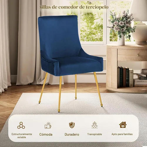 Vista 7 de adochr Juego de 2 sillas de comedor de terciopelo con patas de metal dorado 2-Azul oscuro