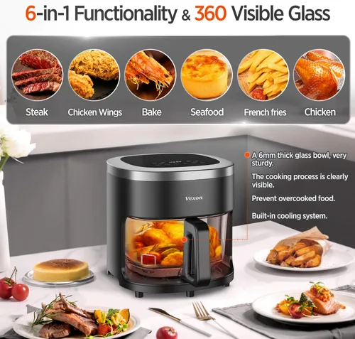 Vista 2 de Vexon Freidora de Aire de Vidrio 6 en 1, Freidora de Aire de 4.5QT con Olla de Vidrio para Visualización, Freír al Aire, Asar, Recalentar