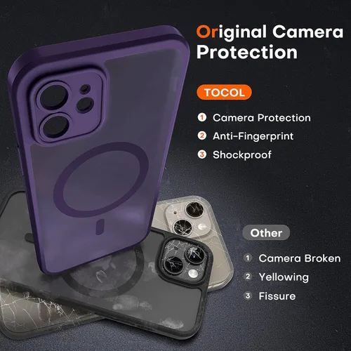 Vista 387 de TOCOL Funda magnética 3 en 1 para iPhone 15 Pro, mejorada [protección completa de cámara] con 2 protectores de pantalla, compatible con MagSafe Gris