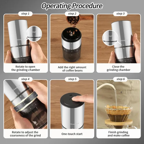 Vista 8 de Mongdio Molinillo de Granos de Café Eléctrico Portátil con 38 Configuraciones Ajustables, Molinillo de Café Eléctrico de Rebaba con Núcleo de Acero