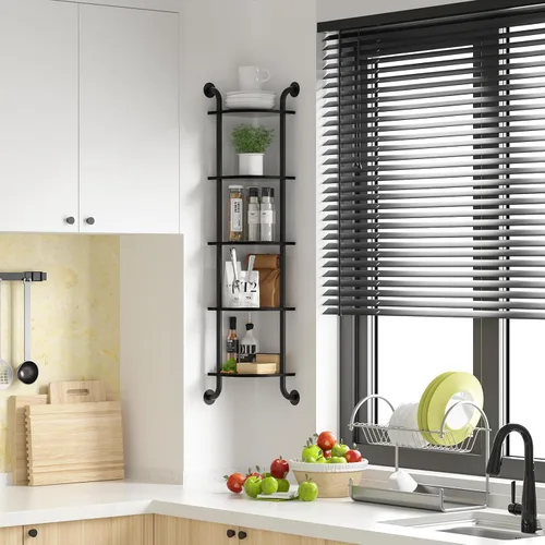 Vista 6 de Tinpin Estante esquinero de 5 niveles, estantes de pared para dormitorio, estantes de esquina colgantes para montaje en pared, estantes de tubería