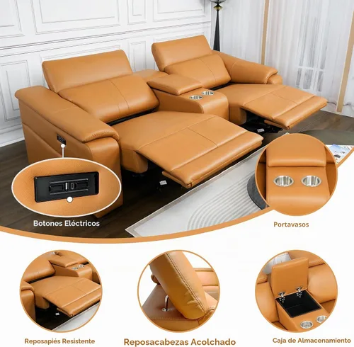 Vista 3 de Sofá reclinable eléctrico de dos plazas, sofá modular reclinable con reposacabezas ajustable y reclinable eléctrico, cuero transpirable con consola