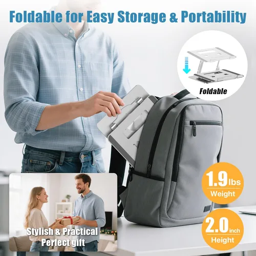 Vista 3 de Soporte para computadora portátil para escritorio, altura y ángulo ajustables, elevador portátil de aluminio para laptop y soporte para monitor