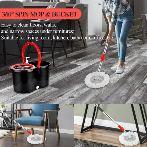 Vista 6 de Trapeador giratorio y cubo con juego de escurridor, sistema de cubo giratorio de 360° con 3 cabezales de repuesto de mopa de microfibra y mango