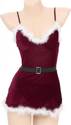 Vista 5 de TTAO Women Red Santa Lingerie Fur Trimed Babydolls Chemises Sexy Bustier Corset Top Bodysuit