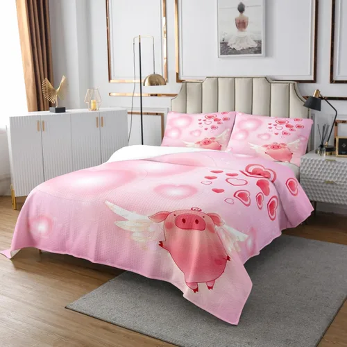 Vista 2 de Manfei Juego de colcha de cerdo rosa para niños, tamaño individual, bonito juego de 2 piezas para decoración de habitación de niñas y adolescentes