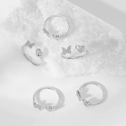 Vista 2 de Anillo con inicial de oro para mujer, anillo de plata con letra inicial de oro rosa, anillos de corazón de mariposa ajustables con iniciales