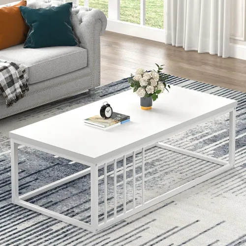 Vista 11 de FOLUBAN Mesa de café, moderna mesa de sala de estar de madera y metal, mesa de té rectangular industrial, marrón rústico, 43.3 pulgadas
