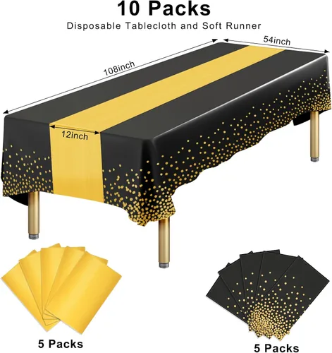 Vista 2 de Paquete de 10 manteles rectangulares de plástico y camino de mesa de satén, mantel desechable negro rectangular y dorado para cumpleaños