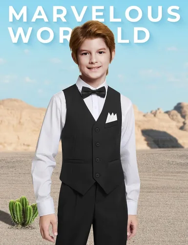 Vista 4 de Marvelous World - Conjunto de traje formal de corte entallado para niños, cintura ajustable