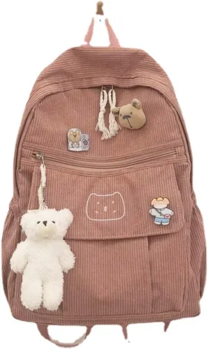 Vista 11 de YUESUO Mochila grande de pana Kawaii con bonito colgante de oso vintage para niña, estudiante, mochila escolar, Beige, Classic