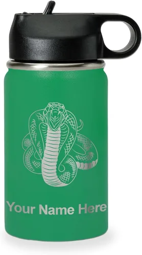 Vista 63 de LaserGram Botella de agua personalizada, serpiente de cobra, acero inoxidable de doble pared aislada al vacío con popote superior, regalo grabado