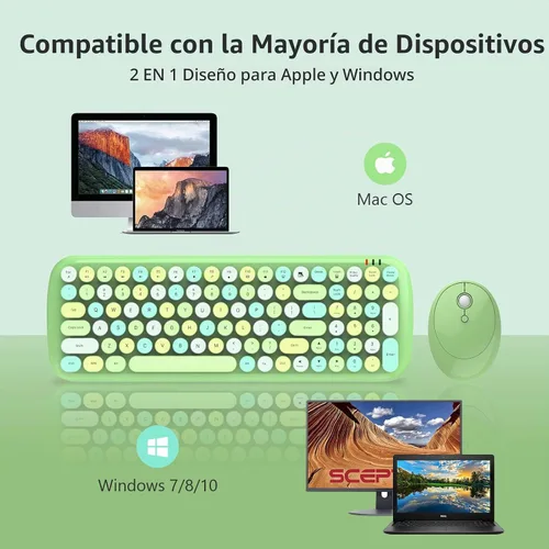 Vista 4 de [Usado] Combo de teclado y mouse inalámbricos, MOWUX - Diseño moderno compacto, mouse compacto de caramelo colorido y teclado redondo retro