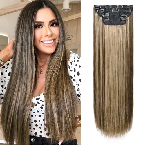 Vista 43 de REECHO - Juego de 4 extensiones de cabello sintético con clip de 12 pulgadas, 14 pulgadas y 16 pulgadas, lacio, largo y grueso, marrón oscuro