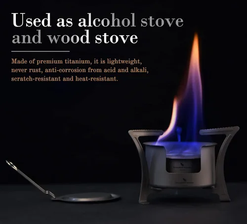 Vista 2 de Boundless Voyage Estufa de alcohol de titanio con cubierta contra incendios, estufa de leña al aire libre con soportes, para camping, Juego